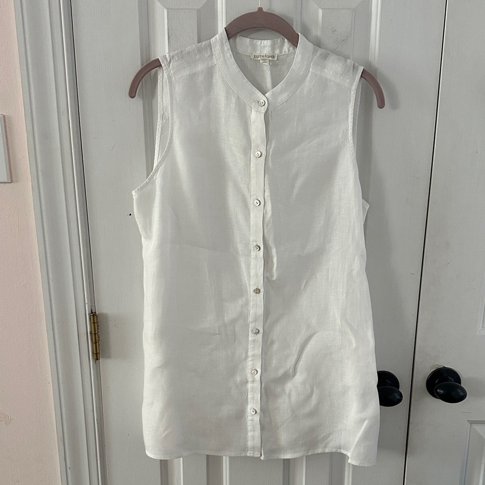 100% Linen Eileen Fisher Sleeveless White Button-Up Tank Top
